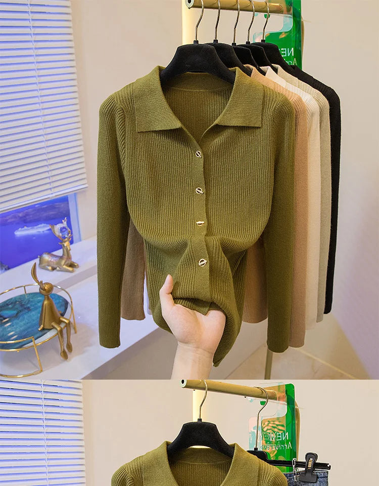 2026 Korean Style Fashion Autumn Winter Turn Down Collar Cardigan Knitted Sweater Casual Loose Long Sleeved Base Sweater Women