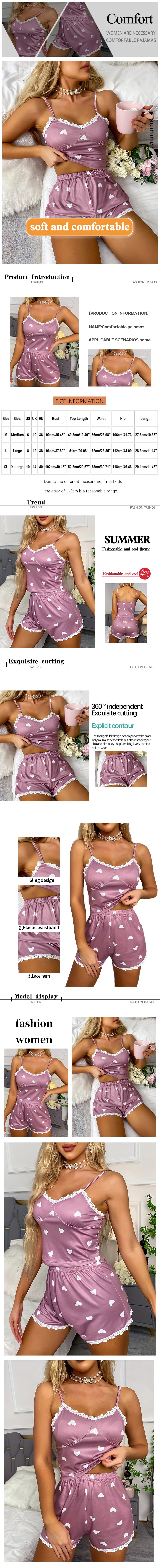 Women's Two-Piece V-Neck Suspender Lace Lace Printed Top and Shorts Women's Casual Printed Pajama Set