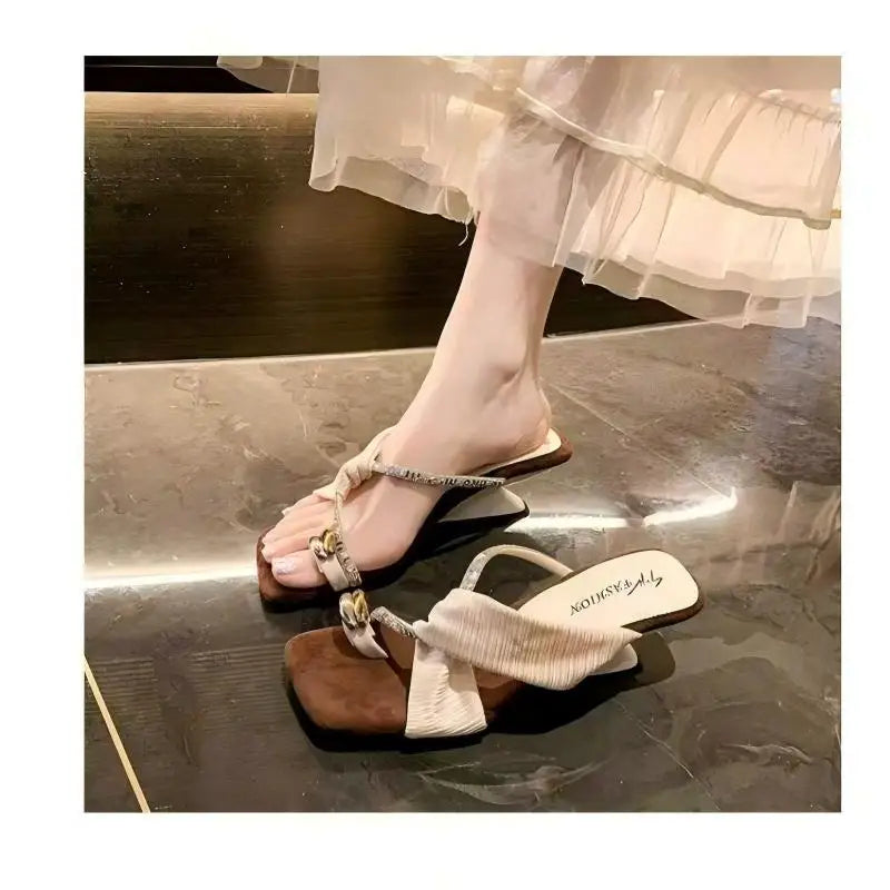 Luxury Rhinestone Square Toe Sandals  Toe Loop Women Elegant Pleated Slides Metal Decor Beach Wedding Party Dress Mules Shoes luxecrown.co.uk