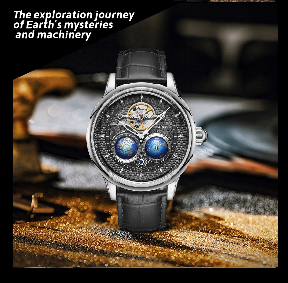 SEAKOSS Male Dual Earth Rotating Mechanical Men's Watch Automatic Movement Waterproof Clock Pilots 1963 Flywheel Wristwatches
