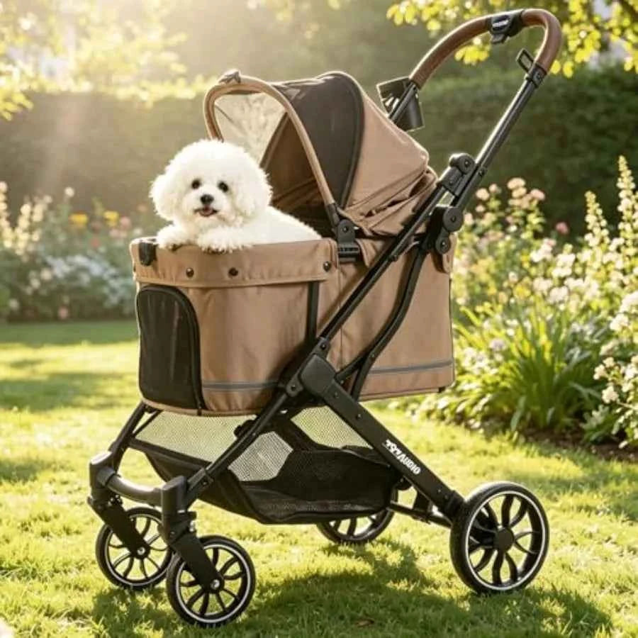Pet stroller for small medium dogs and cats up to 121 lbs, polyester fabric, brown, foldable with one-click mechanism and 4-whe