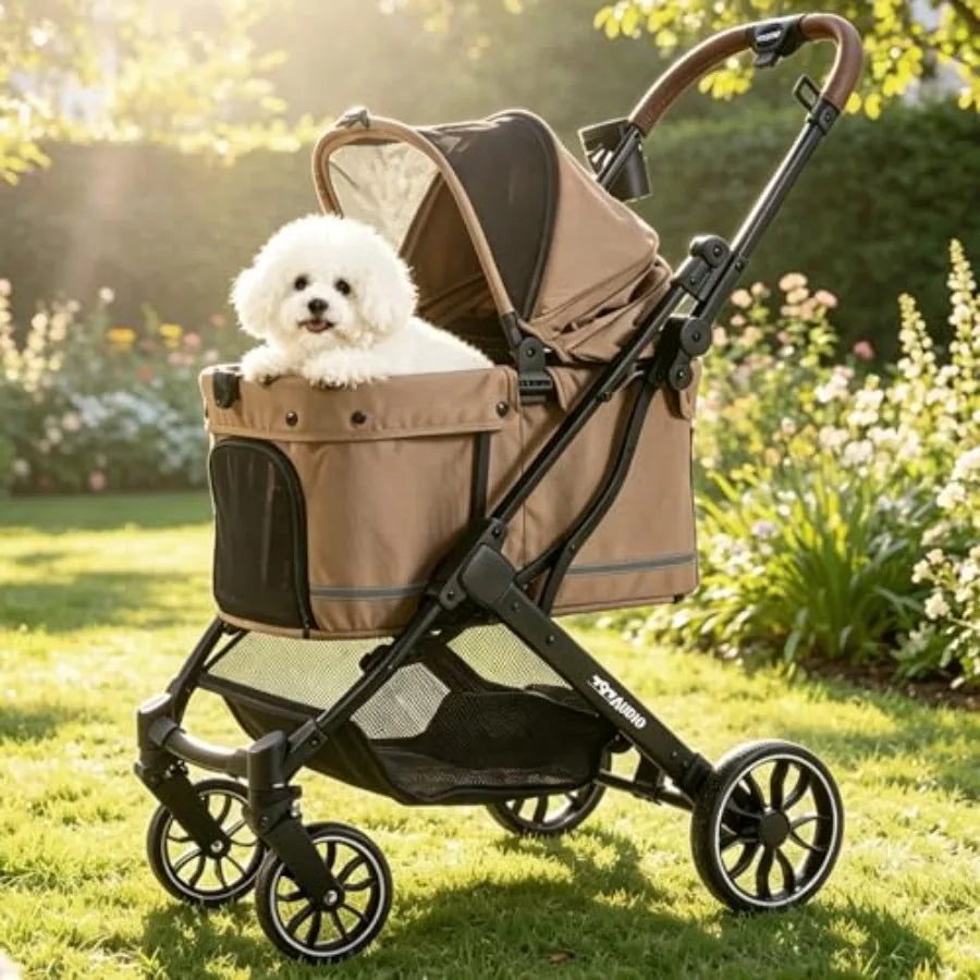Pet stroller for small medium dogs and cats up to 121 lbs, polyester fabric, brown, foldable with one-click mechanism and 4-whe luxecrown.co.uk