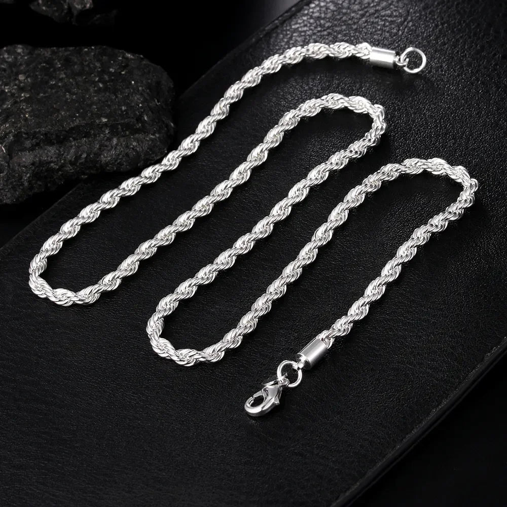 High Quality Silver Color 2MM Women Girls Men Chain Male Twisted Rope Necklace Bracelets Fashion Silver Jewelry Set Streetsharks