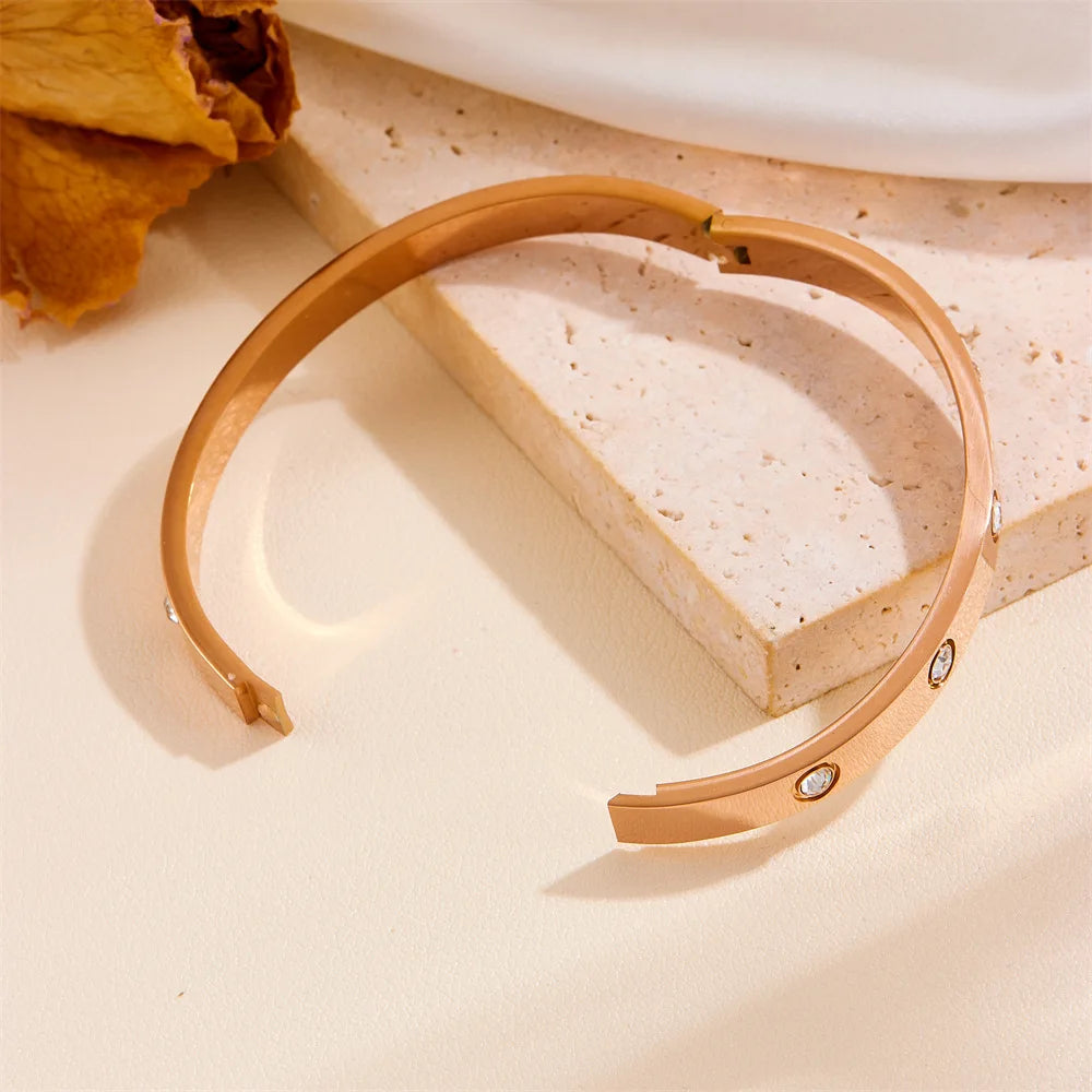 Luxury Stainless Steel Crystal Charm Bangle/Ring for Women Gold Color Non Tarnish Cuff Bracelet Jewelry Set Gift Party Streetsharks