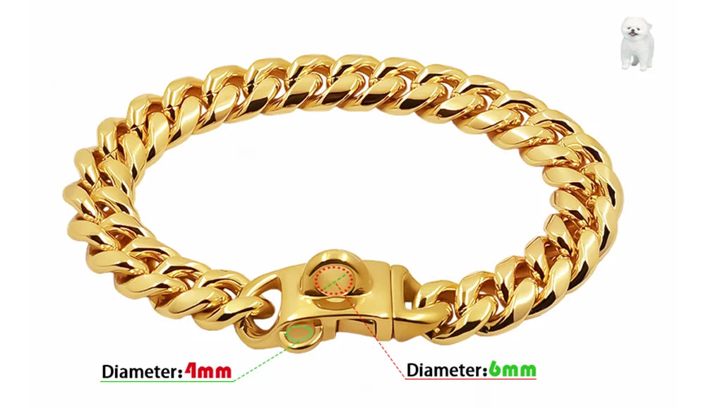 Metal Dog Collar Stainless Steel Pet Choker Gold Cuban Link Chain 14mm Wide Lead for Small Medium Large Dogs Pet Accessories luxecrown.co.uk