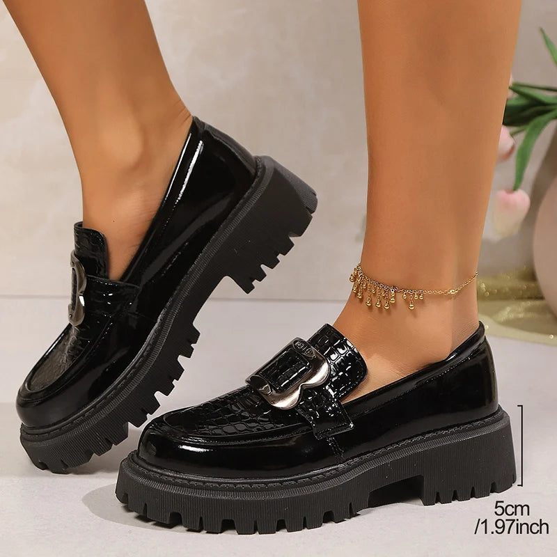 Plus Size Platform Loafers Shoes for Women 2025 Fashion Metal Buckle Pu Leather Shoes Woman Spring Autumn Slip On Flats Female luxecrown.co.uk