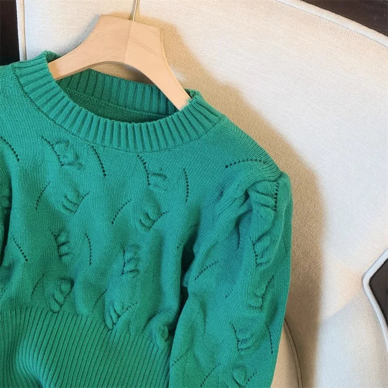 2026 New Autumn Winter Women O-neck Long Sleeve Knitted Sweaters Hollow Out Knitwear Crochet Solid Color Short Pullover Tops