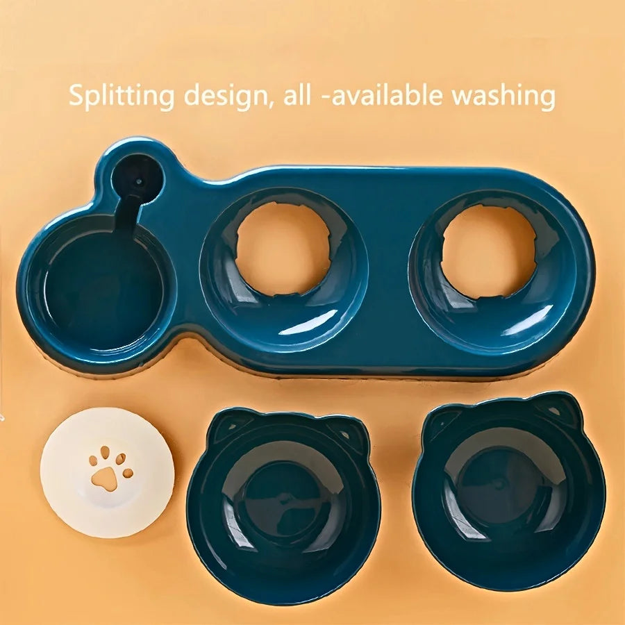 Pet Bowls With Water Feeder, 3 In 1 Ear Design Tilted Cat Water And Food Bowl Set With Gravity Water Bottle For Neck Protection luxecrown.co.uk