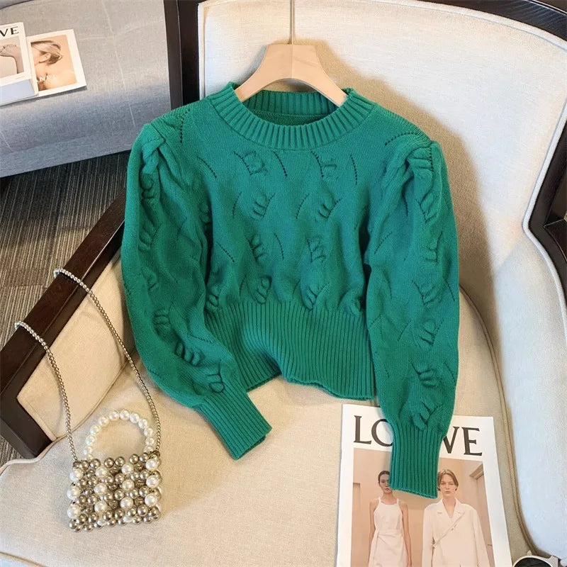 2026 New Autumn Winter Women O-neck Long Sleeve Knitted Sweaters Hollow Out Knitwear Crochet Solid Color Short Pullover Tops