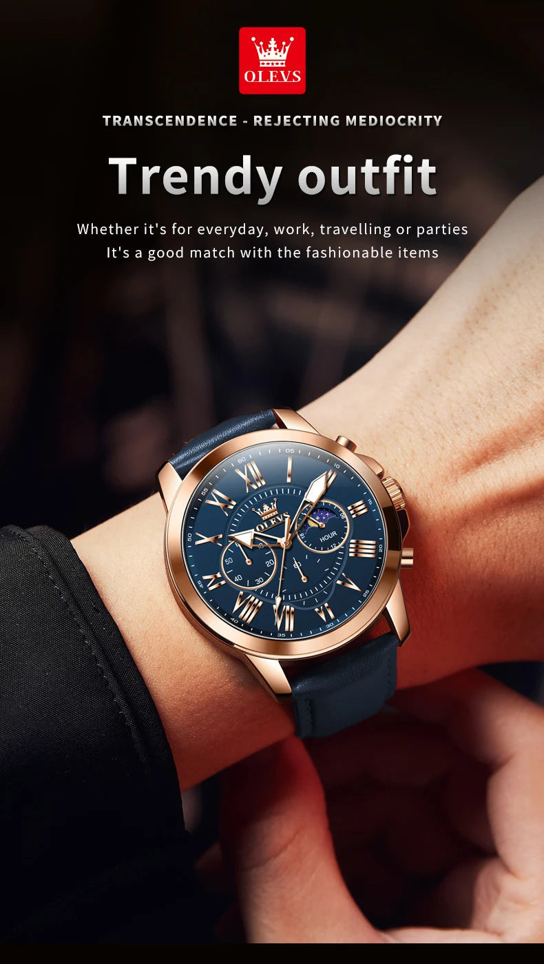 OLEVS 3632 Men Watch Elegant Luxury Sport Quartz Watch Scale Waterproof Luminous Automatic Date Moon Belt Watch Gifts Original luxecrown.co.uk