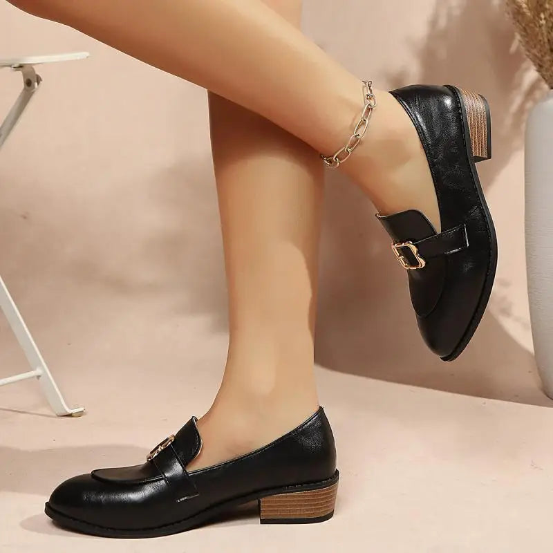 Retro Metal Buckle Thick Heel Loafers Women Summer 2026 Classic Black Brown Pu Leather Loafer Elegant Dress Shoes for Women luxecrown.co.uk