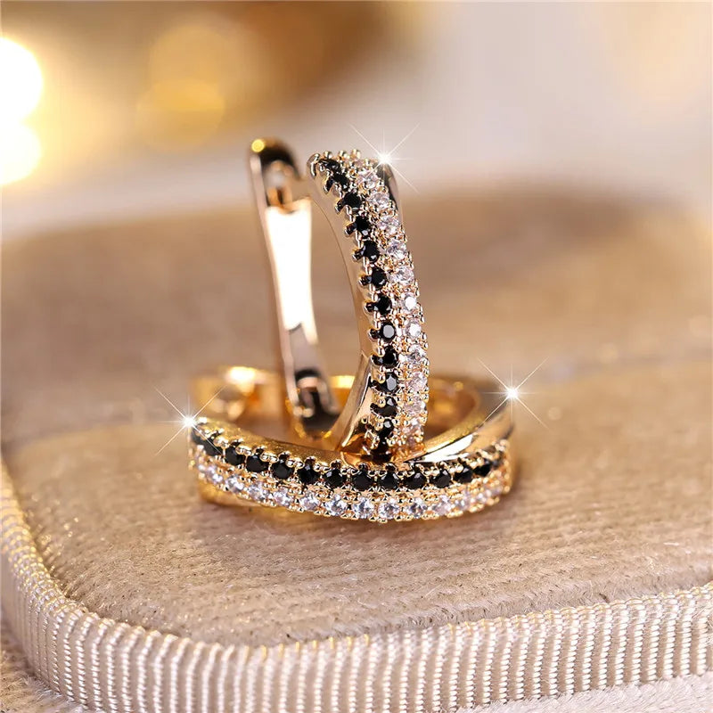 Luxury Female Black White Zircon Stone Clip Earrings Charm Gold Color Wedding Jewelry For Women