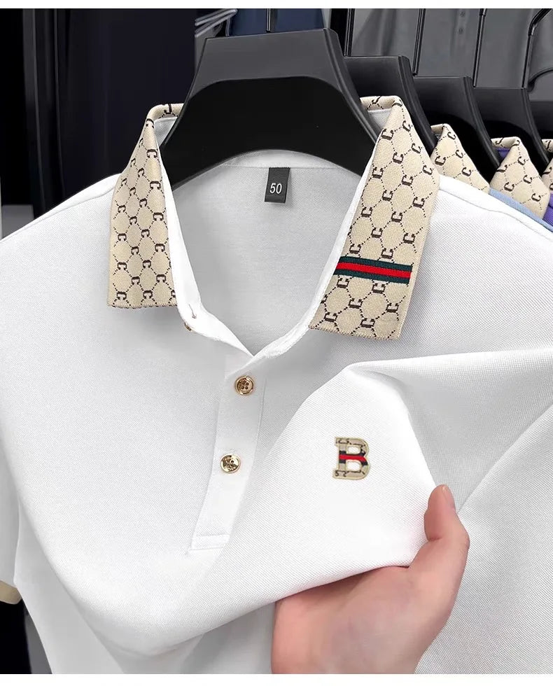 Luxury brand B letter embossed short sleeve polo shirt men summer lightweight breathable new fashion color blocked lapel T-shirt luxecrown.co.uk