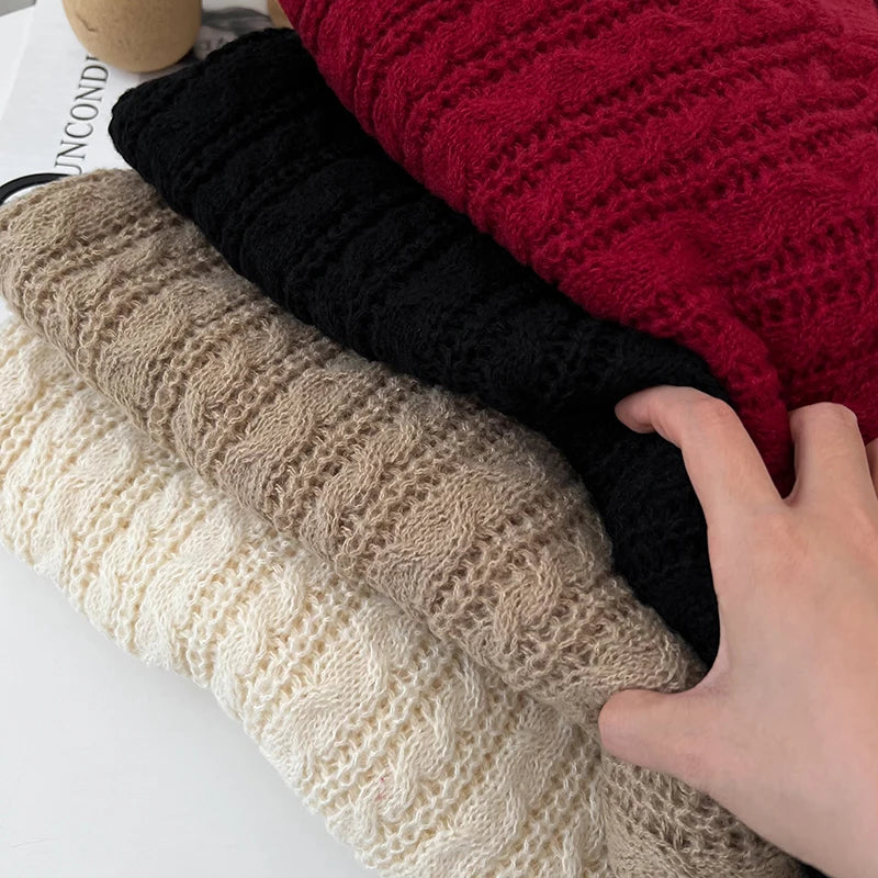 2026 New Autumn Winter Loose Casual Knitwear V-neck Long Sleeve Knitted Sweaters Twist Hollow Out Crochet Short Pullover Tops