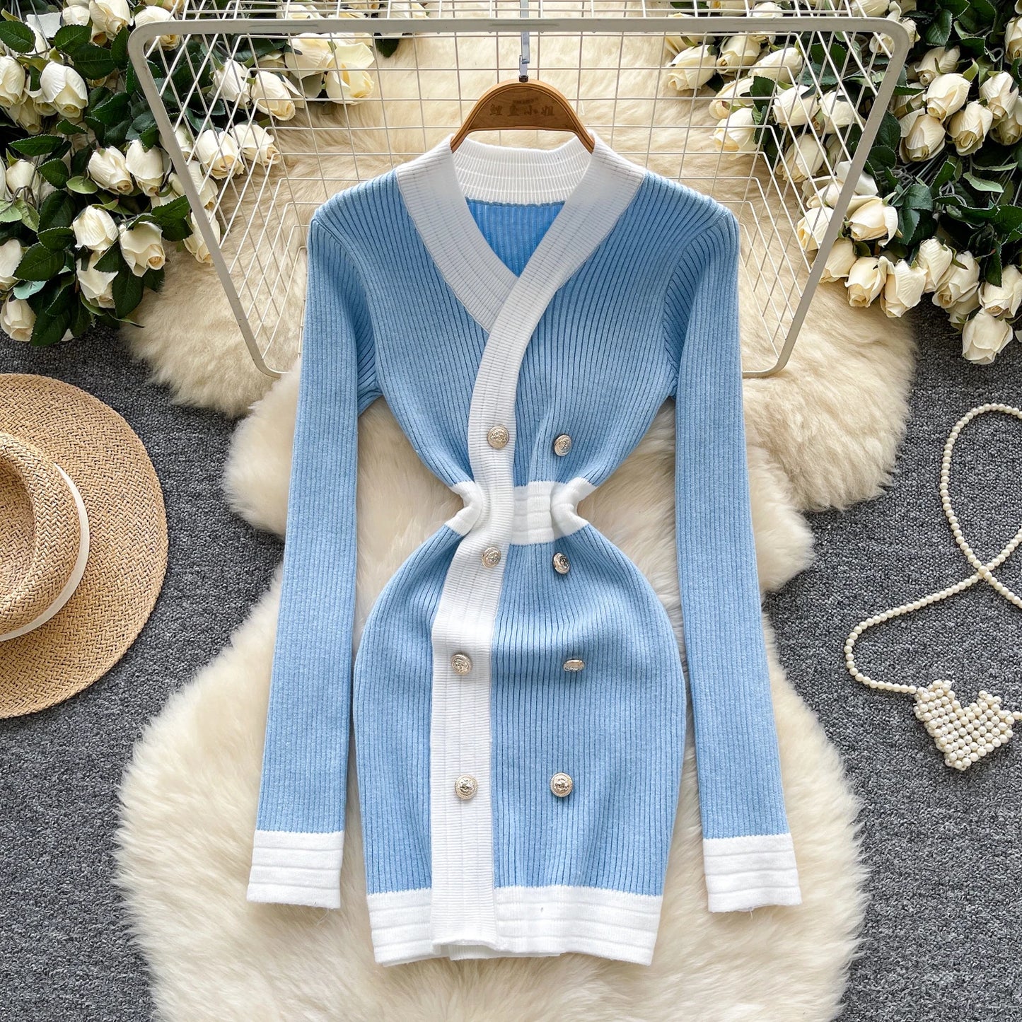 Women's French Style V Neck Long Sleeve Knitted Bodycon Dress Classic Soft Office Elegant Lady Autumn