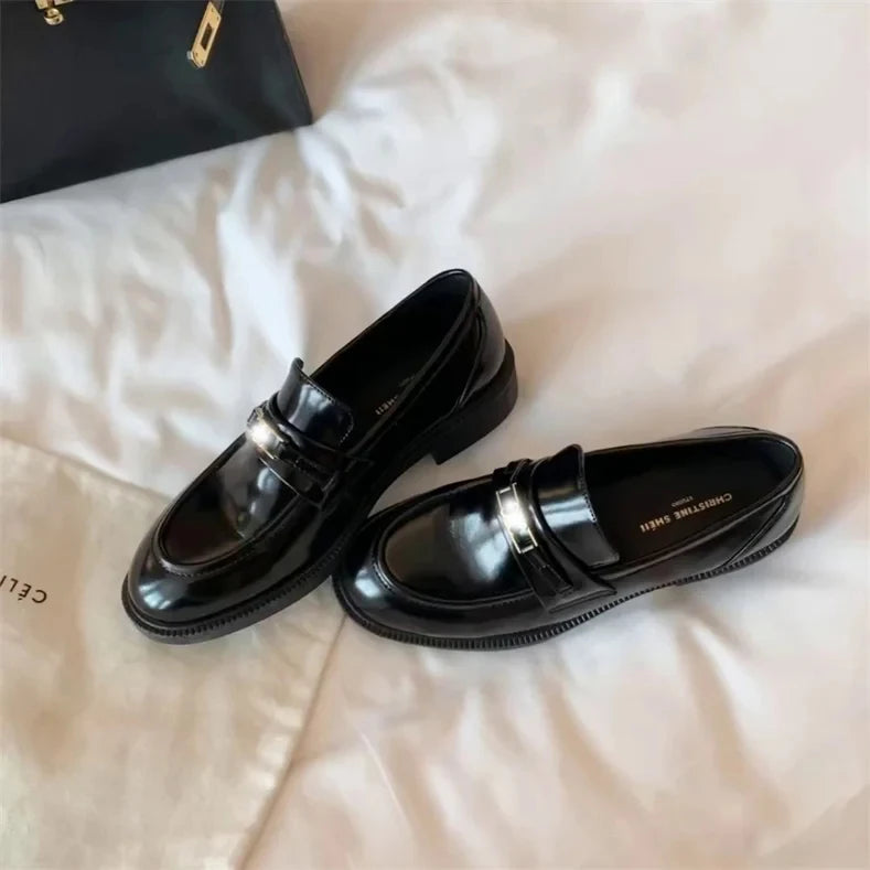 Spring New Women's Genuine Leather Shoes British Style Black Casual Shoes Banquet Office Wear Stylish Metal Design Loafers luxecrown.co.uk