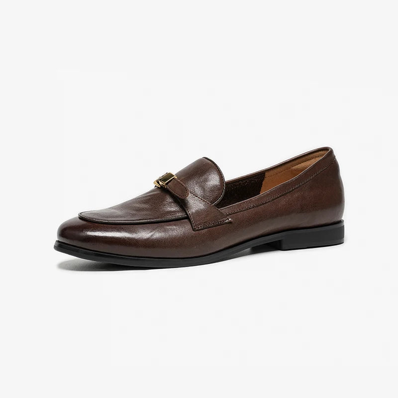 BEAUTODAY Loafers Women Cow Leather Waxing Round Toe Metal Buckle Strap Slip-on Flats Business Suit Ladies Shoes Handmade 26267 luxecrown.co.uk