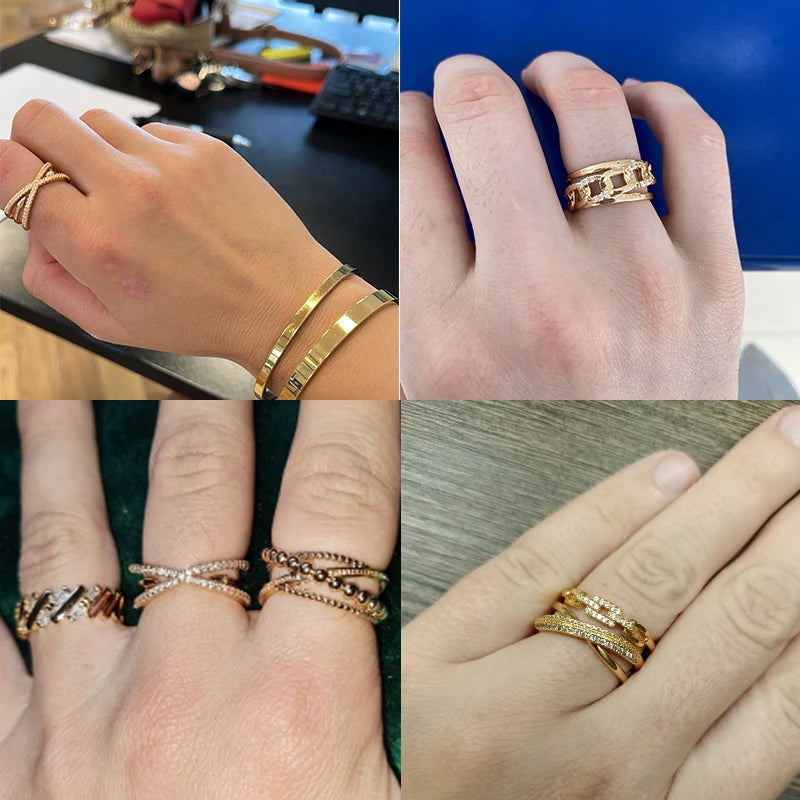 Fashion Gold Color Stainless Steel Rings For Women Chain Hollow Out Crystal Zircon Finger Ring Jewelry 2023 Gift anillos mujer Streetsharks