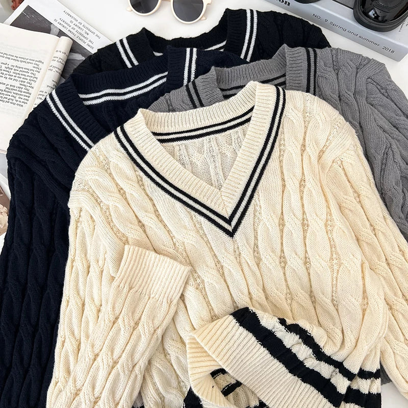 2026 New Autumn Winter Preppy Style Knitwear V-neck Long Sleeve Knitted Sweaters Twist Hit Color Striped Short Pullover Tops