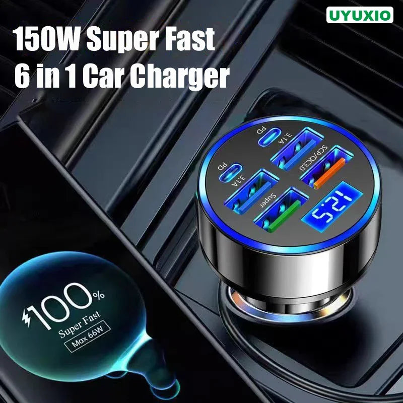 UYUXIO 6 in 1 USB C Car Phone Charger Adapter with Voltage Display Dual PD Super Fast for iPhone 15 Pro max OPPO Samsung Huawei Streetsharks