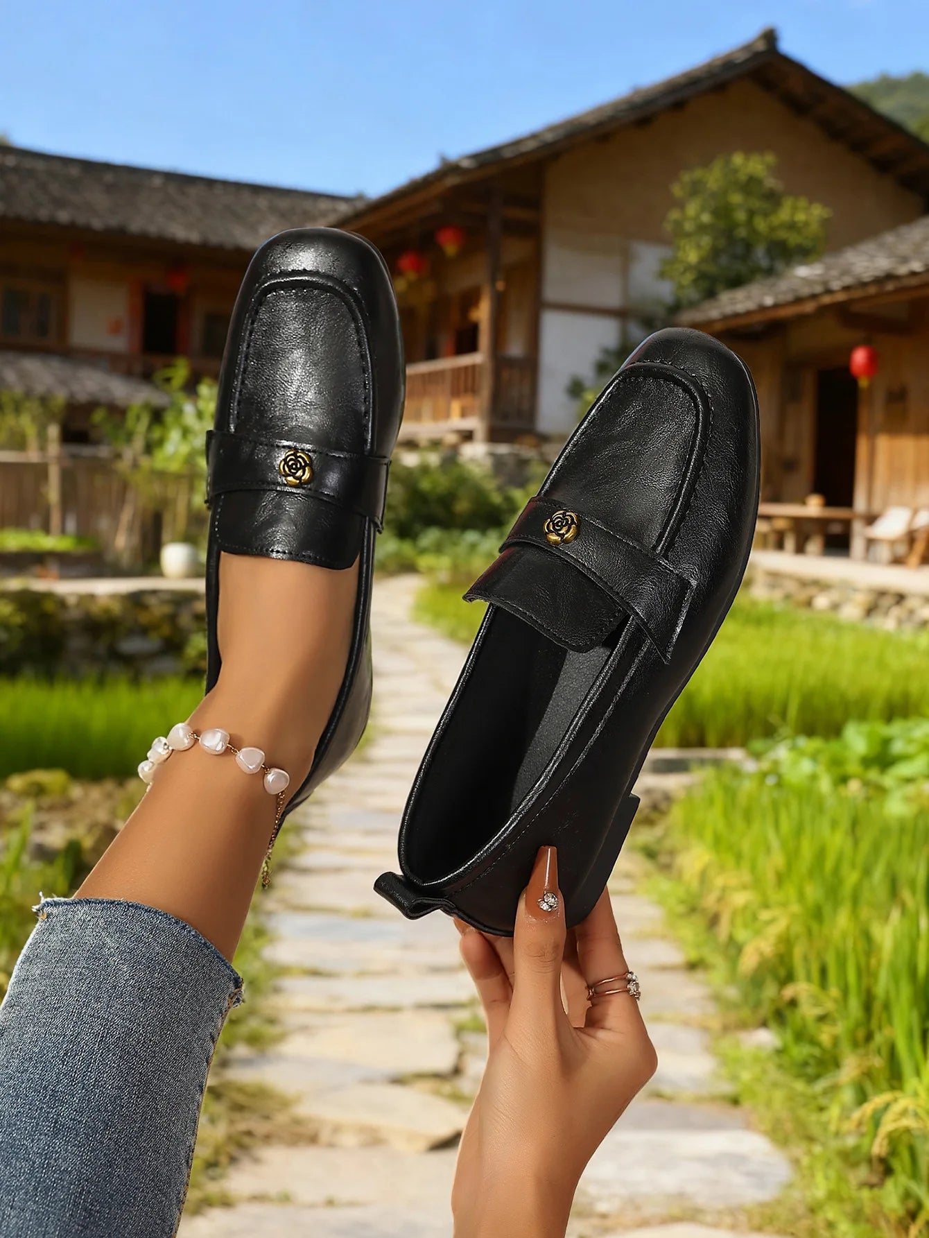 Women's Leather Flat Loafers with Gold-Tone Flower Accessory Round Apron Toe Low Block Heel Comfortable & Office Dress Shoes luxecrown.co.uk