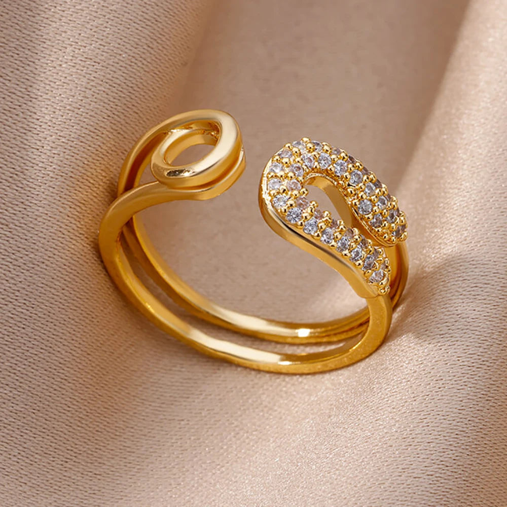 Fashion Gold Color Stainless Steel Rings For Women Chain Hollow Out Crystal Zircon Finger Ring Jewelry 2023 Gift anillos mujer Streetsharks