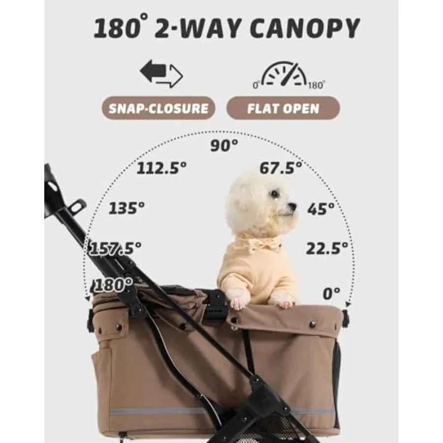 Pet stroller for small medium dogs and cats up to 121 lbs, polyester fabric, brown, foldable with one-click mechanism and 4-whe