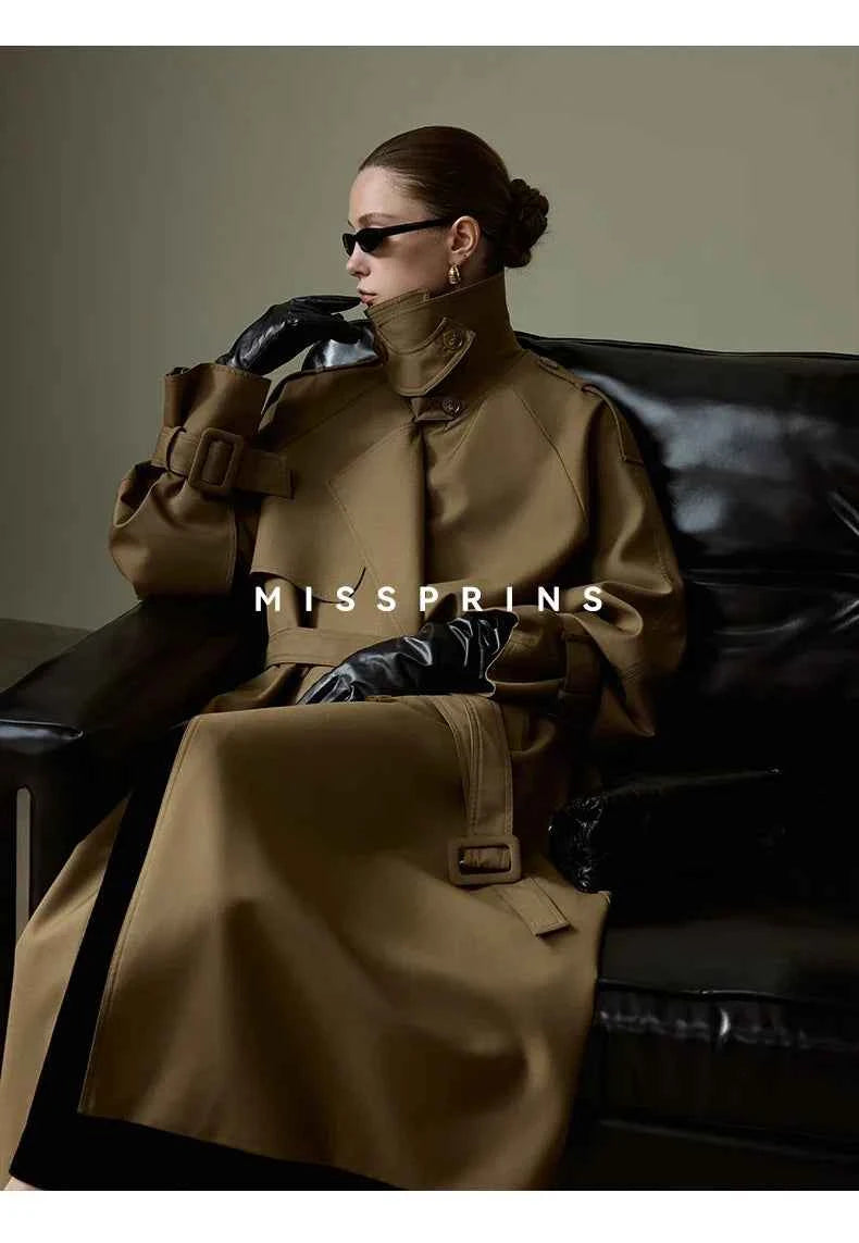 Lautaro Spring Autumn Long Khaki Trench Coat for Women Belt Double Breasted Chic Luxury Designer European Fashion Clothes 2025