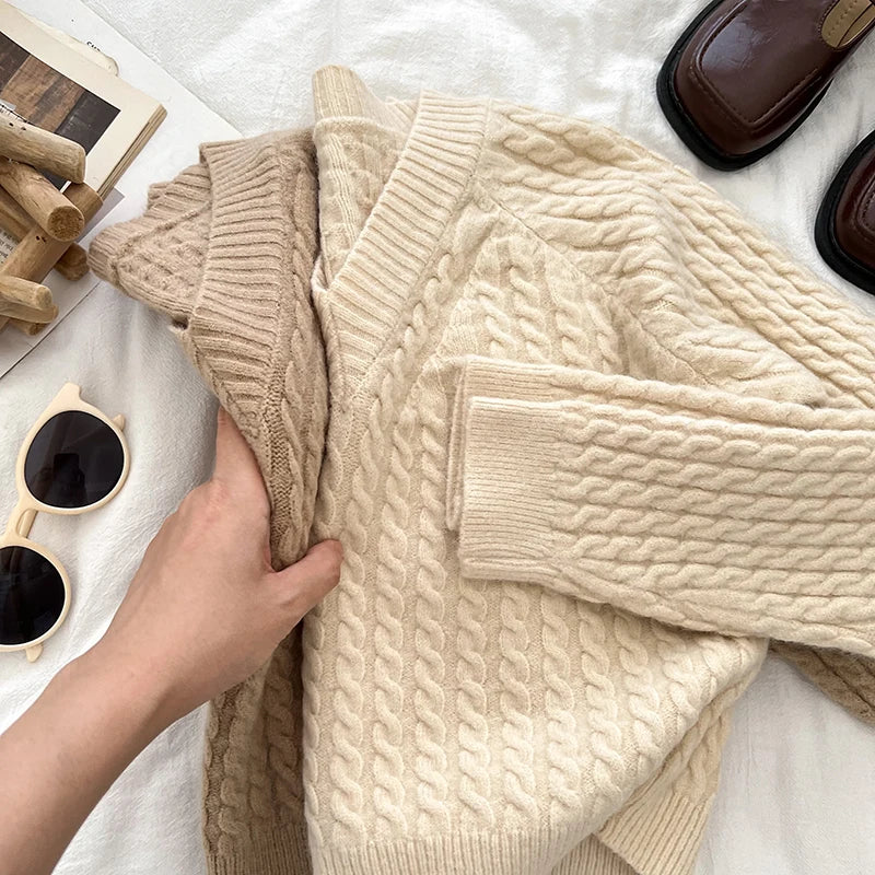 2026 New Autumn Winter Women V-neck Long Sleeve Knitted Sweaters Twist Striped Loose Solid Color Short Pullover Tops