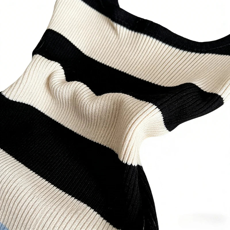 Women's Casual Evening Knit Maxi Dress Sleeveless Black Striped Bodycon Beach Side Slit Stretchy Ribbed Party Long Dress