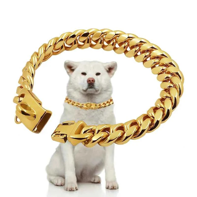 Metal Dog Collar Stainless Steel Pet Choker Gold Cuban Link Chain 14mm Wide Lead for Small Medium Large Dogs Pet Accessories luxecrown.co.uk