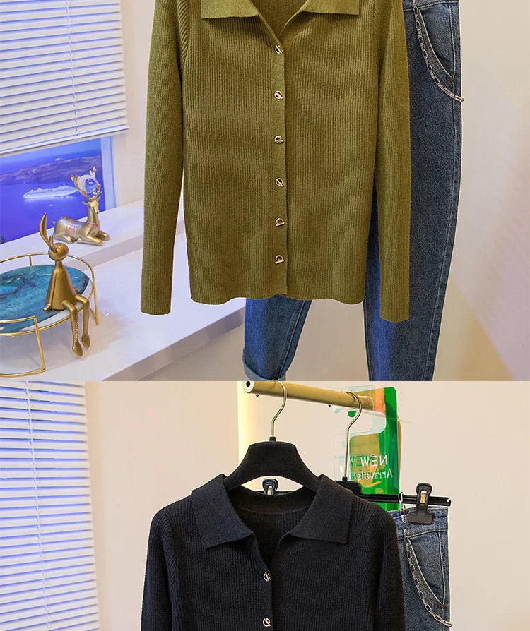 2026 Korean Style Fashion Autumn Winter Turn Down Collar Cardigan Knitted Sweater Casual Loose Long Sleeved Base Sweater Women