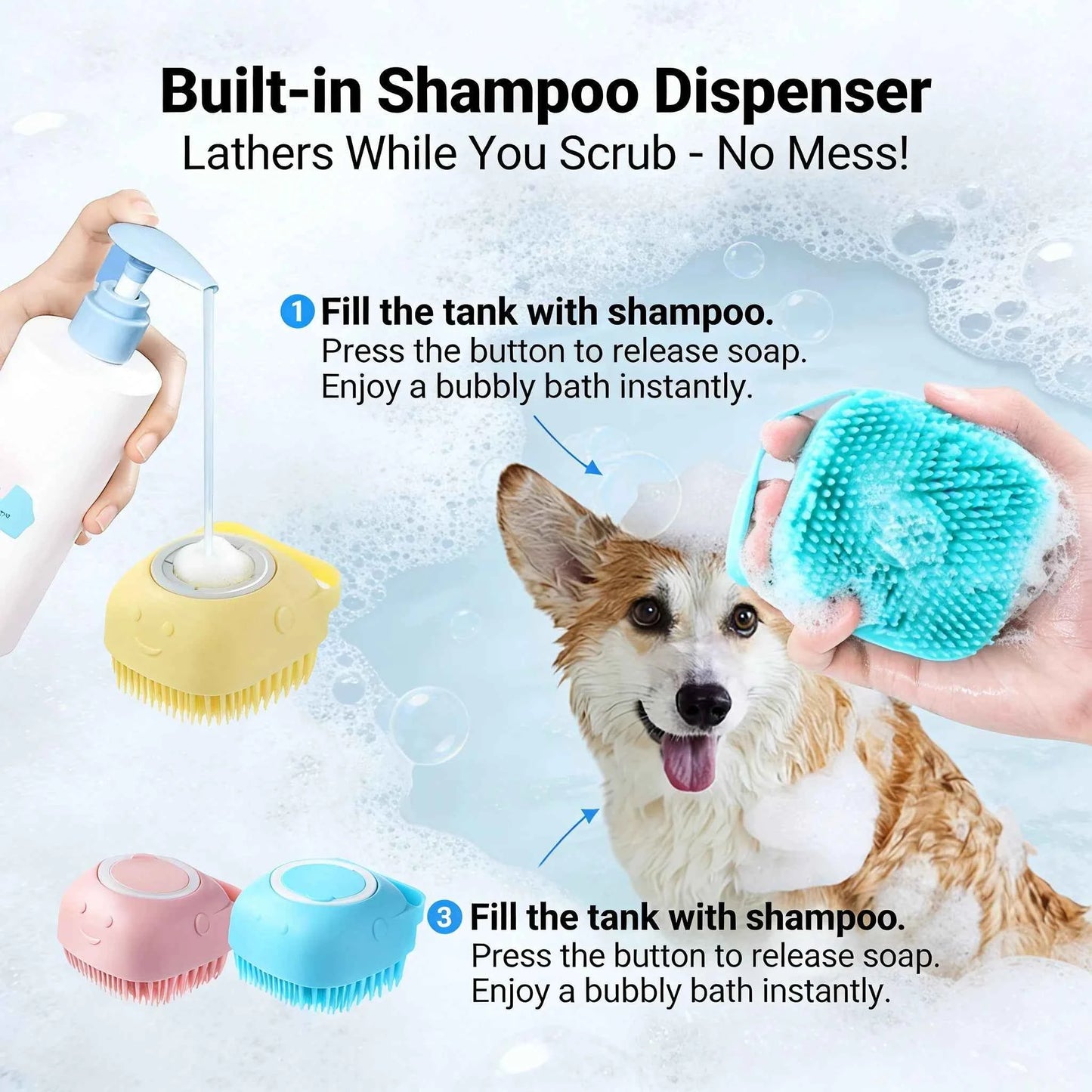 2-In-1 Pet Bath & Massage Brush With Shampoo Storage Silicone Dog Cat Grooming Tool For Puppy Kitten Sensitive Skin luxecrown.co.uk