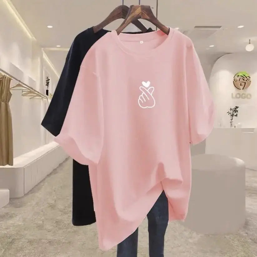 Women Clothing Elegant Chic Print Basic T-shirts Summer Fashion Pure Cotton O-neck Short Sleeve Top Tee Loose Pullover 45-105Kg luxecrown.co.uk