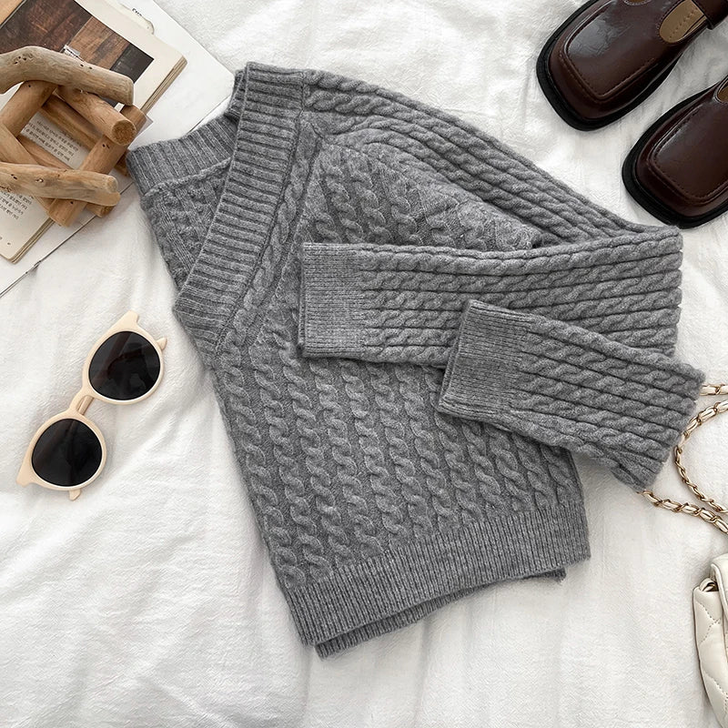 2026 New Autumn Winter Women V-neck Long Sleeve Knitted Sweaters Twist Striped Loose Solid Color Short Pullover Tops