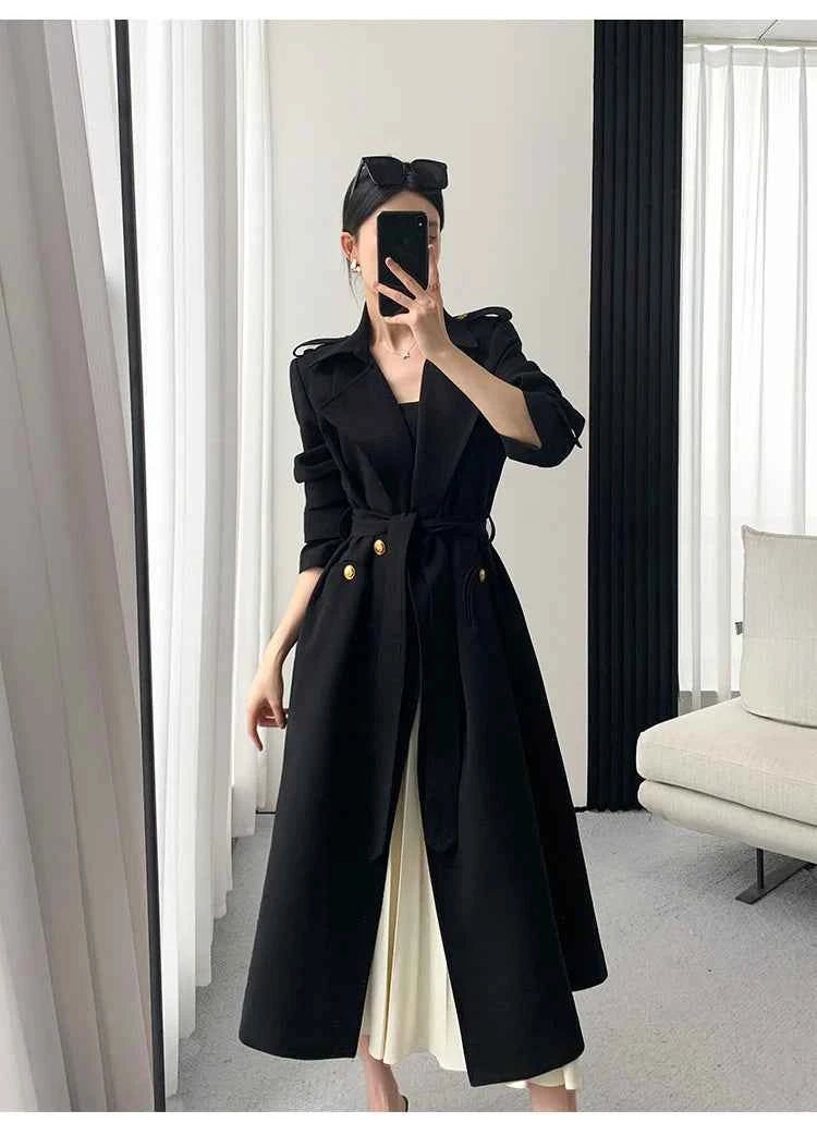 Lautaro Spring Autumn Long Black Trench Coat for Women Gold Buttons Double Breasted Elegant Chic Luxury Designer Clothes 2025
