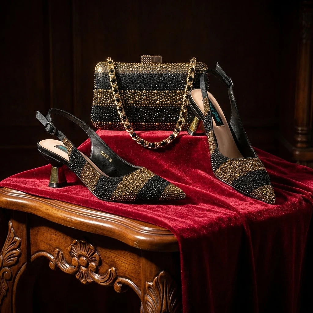 2026 Nigerian Women Heel Ladies Italian Luxury Design Green Shoes And Bag Set Decorated with Rhinestone Handbag Wedding Party luxecrown.co.uk