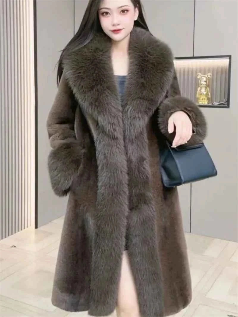 Winter Warm Imitate Mink Fur Grass Coat For Women 2024 New Fur And Fur Integrated Fox Collar Mid Length Coat Trend Woolen Collar