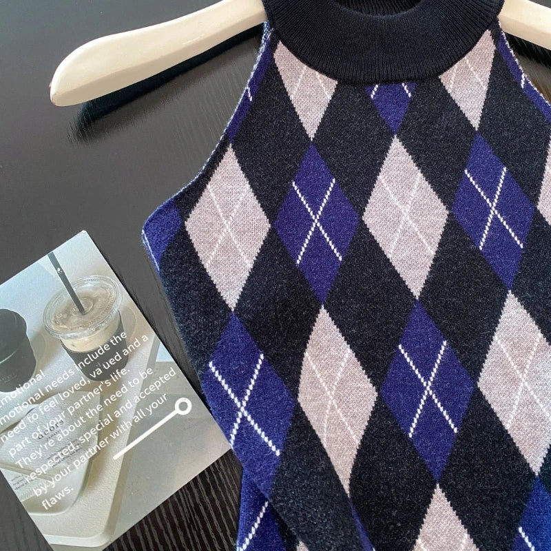 Women's Vintage Plaid Sweater Vest Ulzzang Style Knitted Preppy Soft Crew Neck Loose Top Fit Streetwear Camisole for Girls