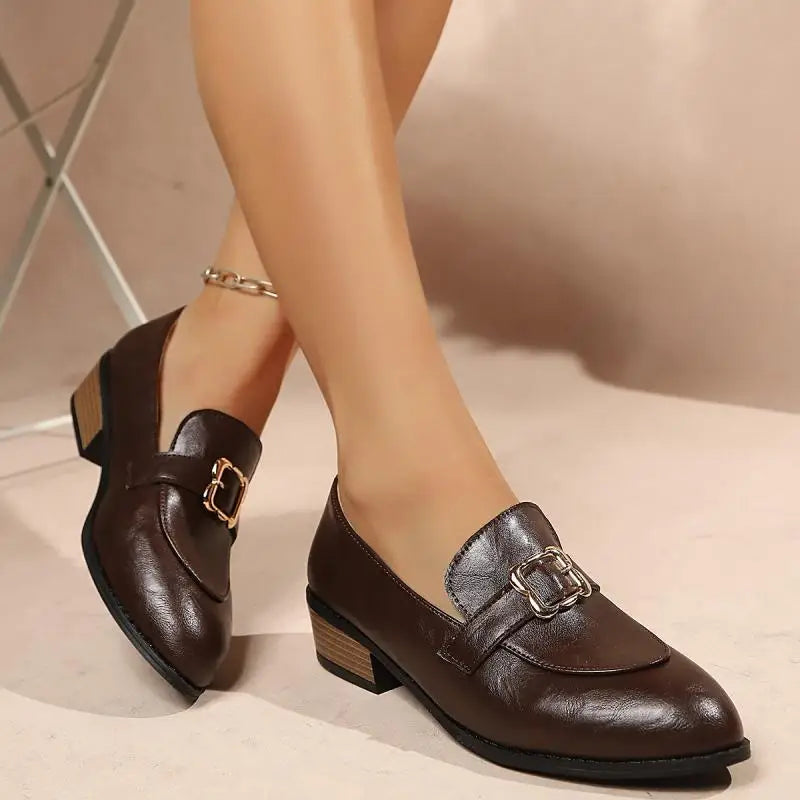 Retro Metal Buckle Thick Heel Loafers Women Summer 2026 Classic Black Brown Pu Leather Loafer Elegant Dress Shoes for Women luxecrown.co.uk