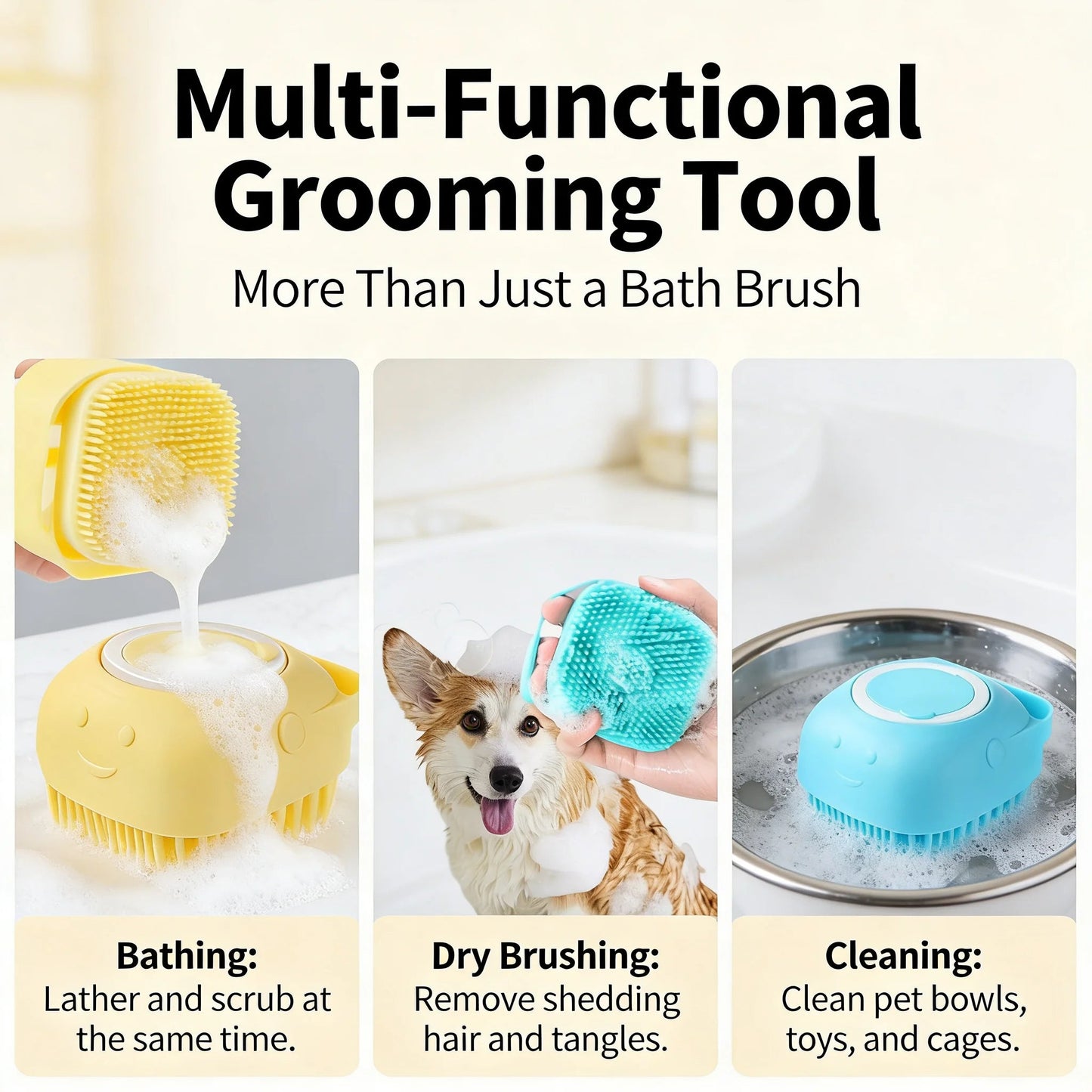 2-In-1 Pet Bath & Massage Brush With Shampoo Storage Silicone Dog Cat Grooming Tool For Puppy Kitten Sensitive Skin luxecrown.co.uk