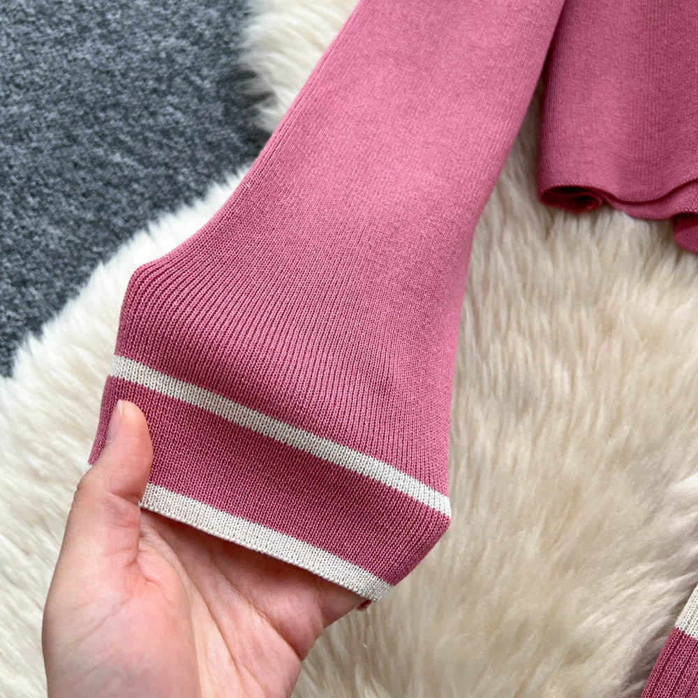 New Fashion Autumn Knitted Suits Long Sleeve V Neck Buttons Top+Stripe Strap Bodycon Dress Elegant OL Women Two Piece Sets