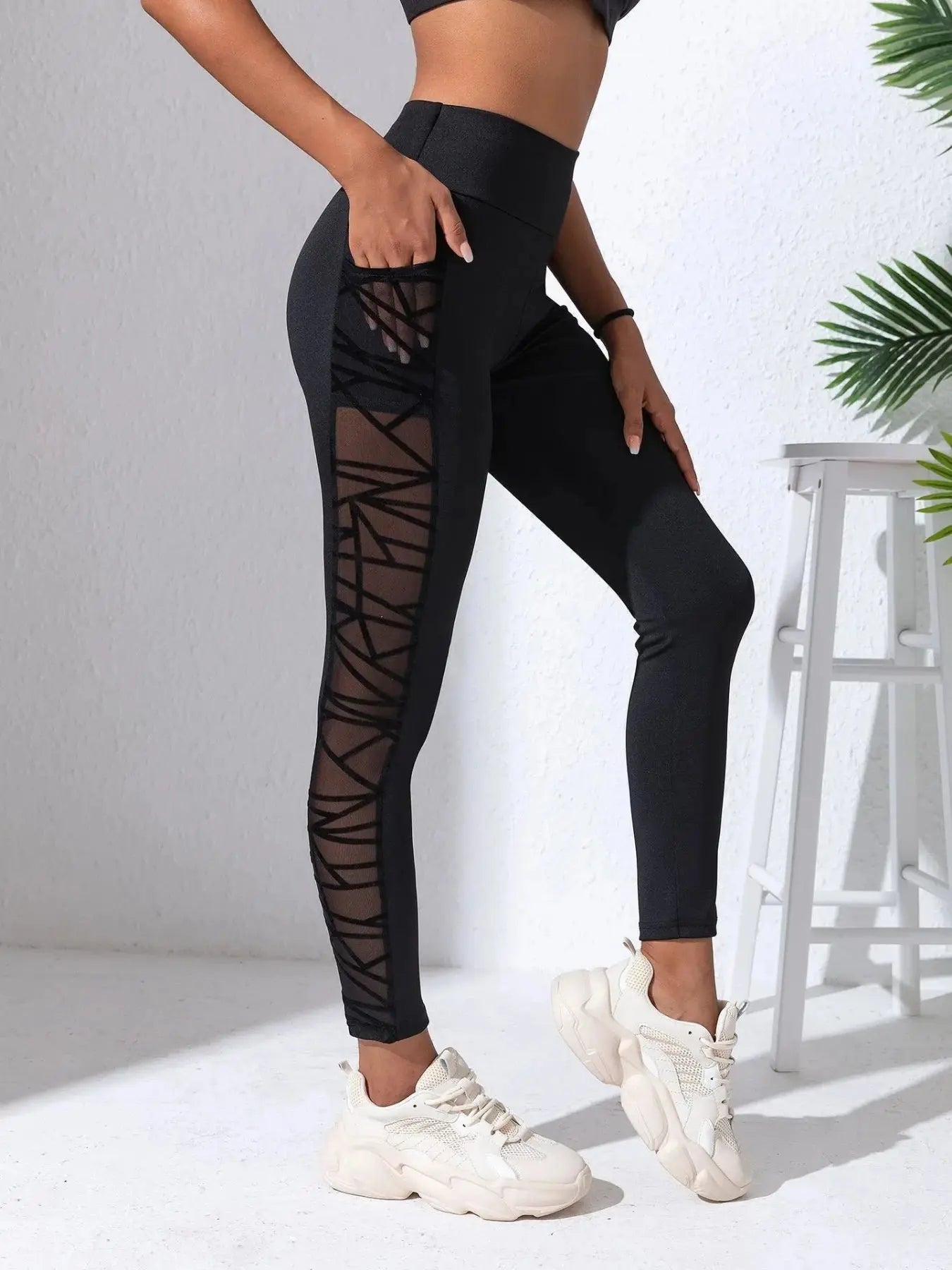 Side Mesh Yoga Women's Leggings Black Fabric Patchwork High Waist Soft Comfortable Gym Fitness Sportswear Long Pants luxecrown.co.uk