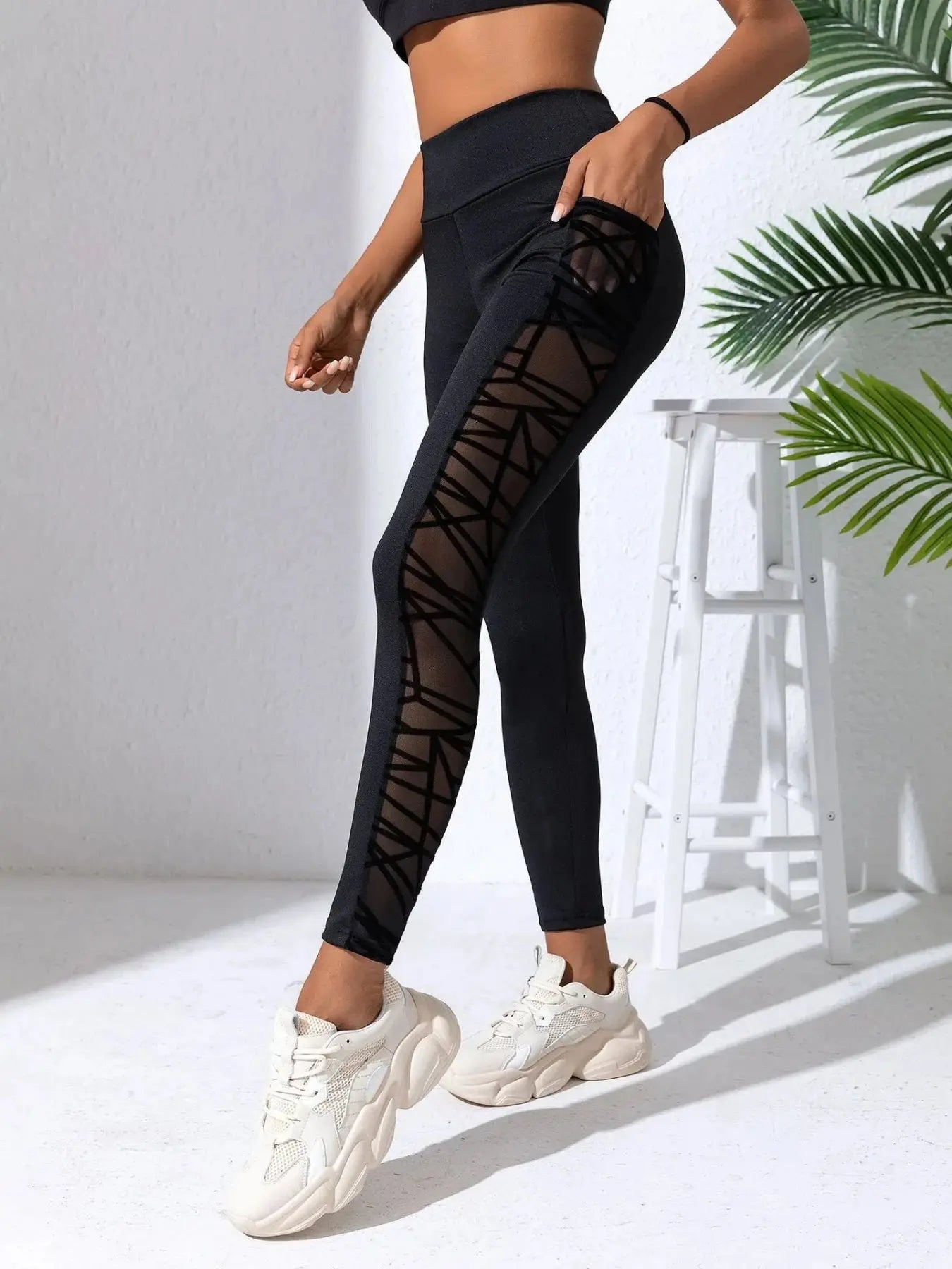 Side Mesh Yoga Women's Leggings Black Fabric Patchwork High Waist Soft Comfortable Gym Fitness Sportswear Long Pants luxecrown.co.uk