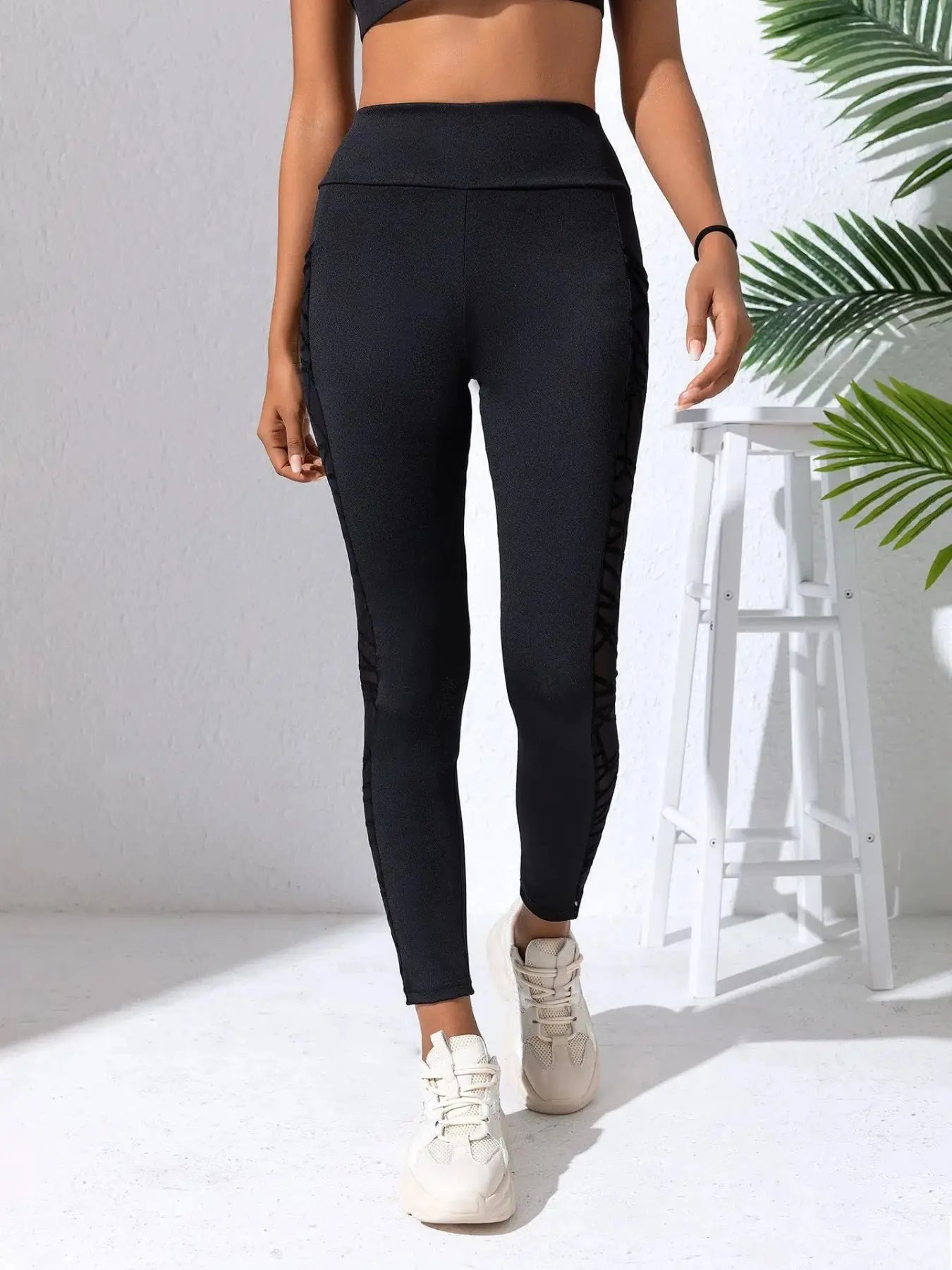 Side Mesh Yoga Women's Leggings Black Fabric Patchwork High Waist Soft Comfortable Gym Fitness Sportswear Long Pants luxecrown.co.uk