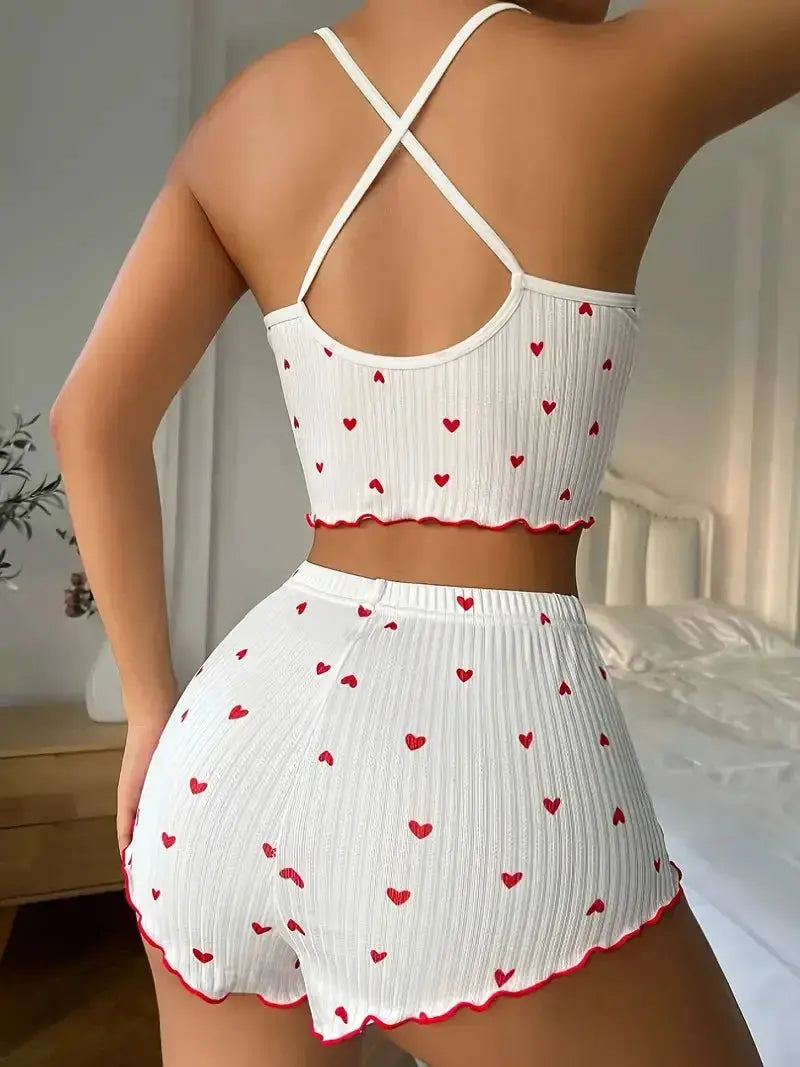 Sleepwear Women Pajamas Set Heart Print Soft Ribbed Fabric with Flirty Frill Trim Casual Cami Top and Shorts Sets Loungewear luxecrown.co.uk