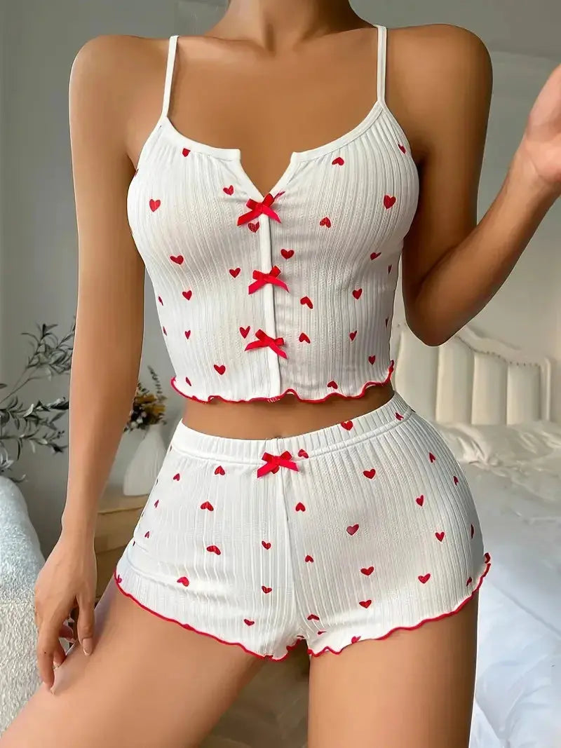 Sleepwear Women Pajamas Set Heart Print Soft Ribbed Fabric with Flirty Frill Trim Casual Cami Top and Shorts Sets Loungewear luxecrown.co.uk