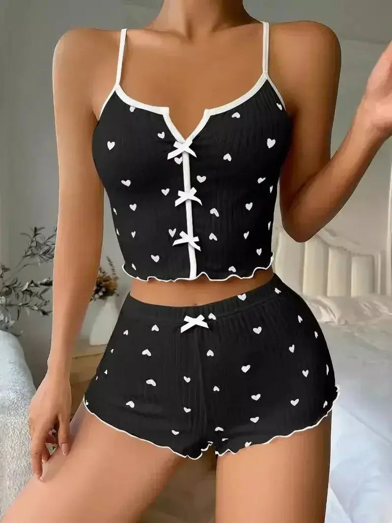 Sleepwear Women Pajamas Set Heart Print Soft Ribbed Fabric with Flirty Frill Trim Casual Cami Top and Shorts Sets Loungewear luxecrown.co.uk