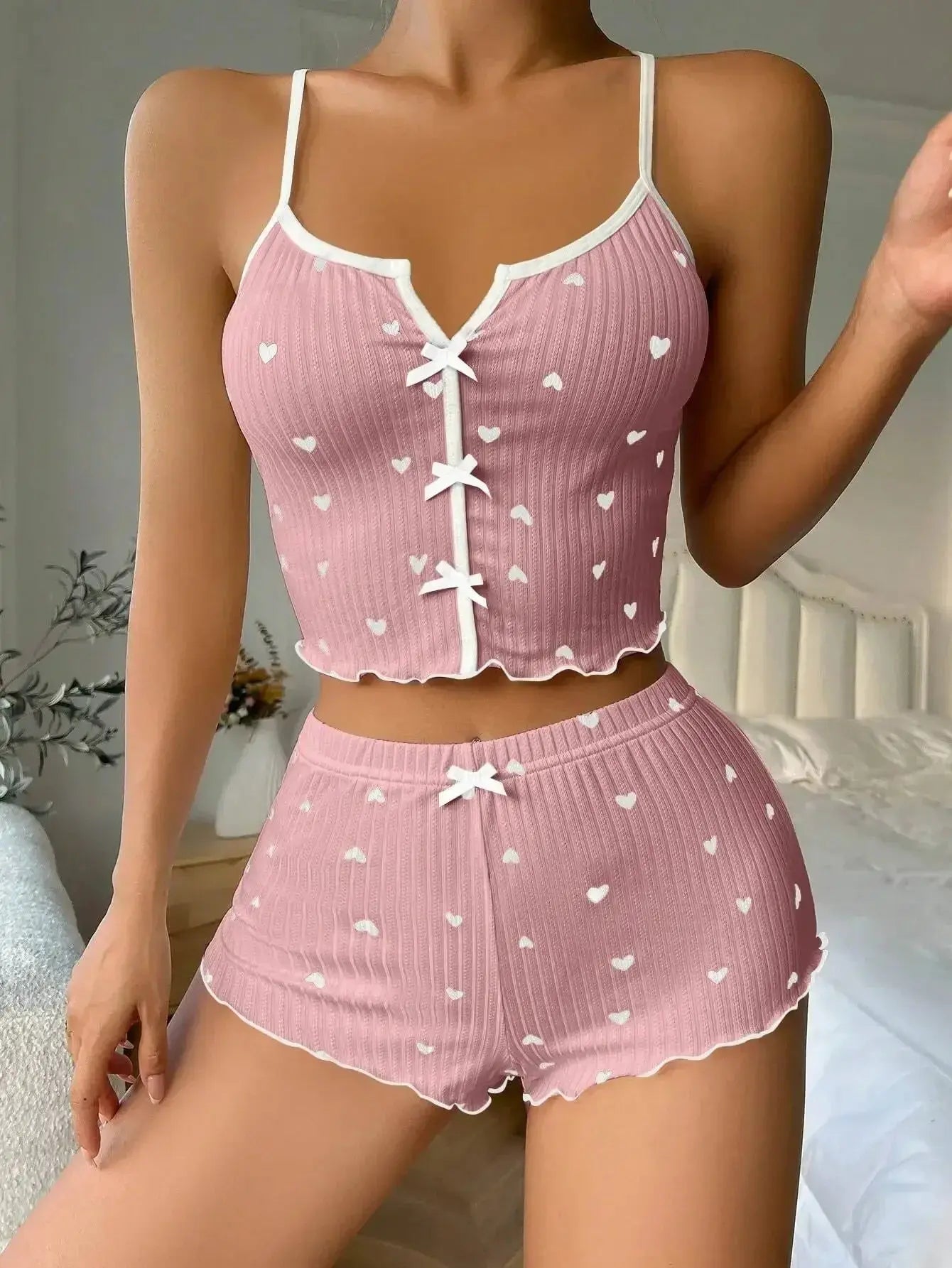 Sleepwear Women Pajamas Set Heart Print Soft Ribbed Fabric with Flirty Frill Trim Casual Cami Top and Shorts Sets Loungewear luxecrown.co.uk