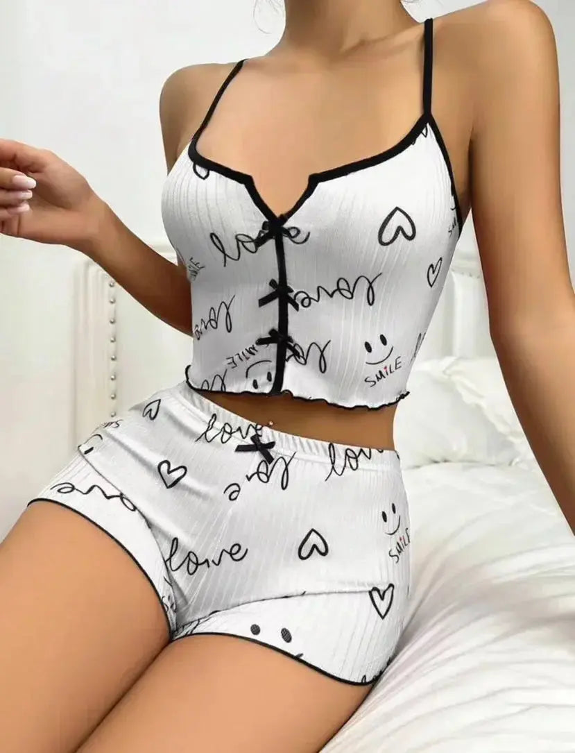 Sleepwear Women Pajamas Set Heart Print Soft Ribbed Fabric with Flirty Frill Trim Casual Cami Top and Shorts Sets Loungewear luxecrown.co.uk